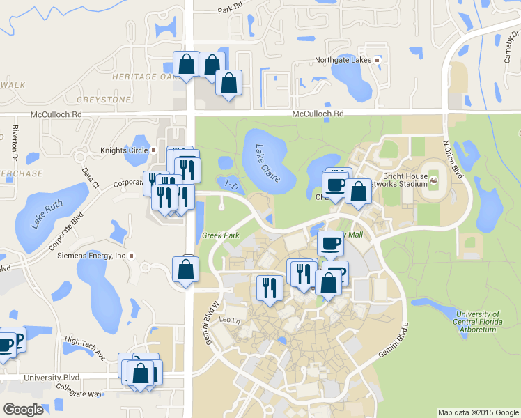 map of restaurants, bars, coffee shops, grocery stores, and more near Gemini Blvd in Orlando