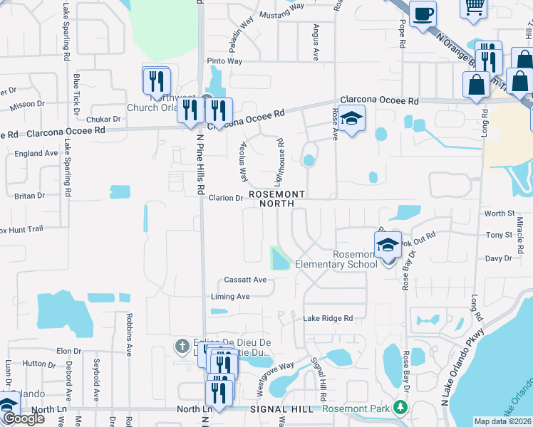 map of restaurants, bars, coffee shops, grocery stores, and more near 5262 Clarion Oaks Drive in Orlando