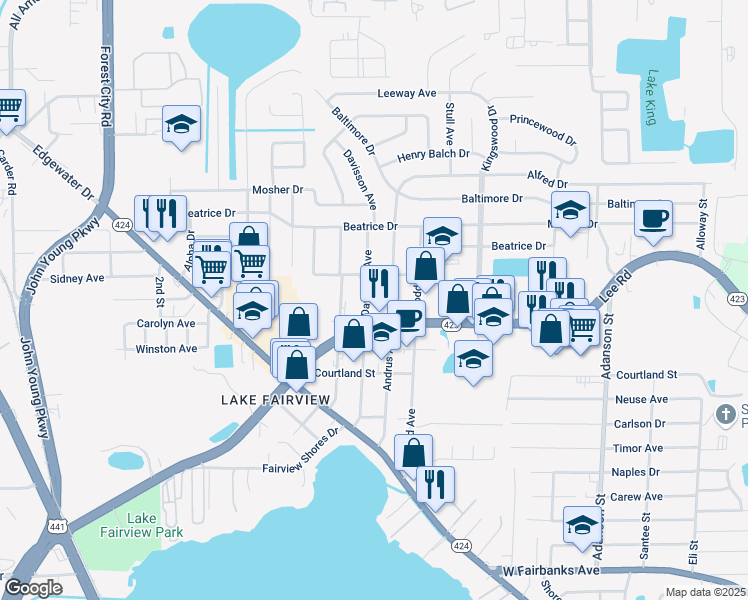 map of restaurants, bars, coffee shops, grocery stores, and more near 5217 Davisson Avenue in Orlando