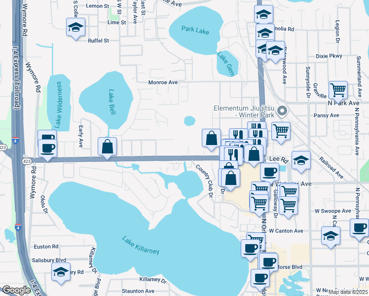 map of restaurants, bars, coffee shops, grocery stores, and more near 1701 Lee Road in Winter Park