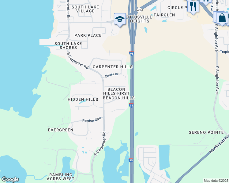 map of restaurants, bars, coffee shops, grocery stores, and more near 3660 Miriam Drive in Titusville