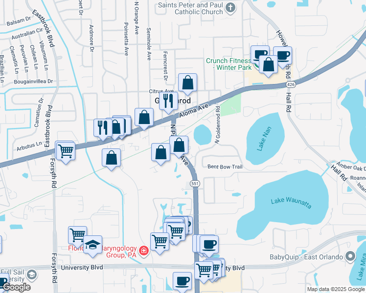 map of restaurants, bars, coffee shops, grocery stores, and more near 4705 Lucier Court in Winter Park