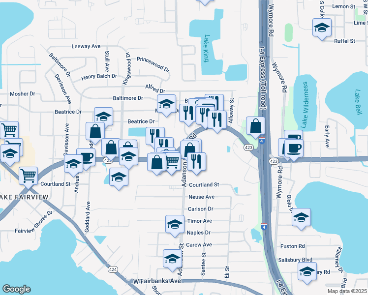 map of restaurants, bars, coffee shops, grocery stores, and more near 5165 Adanson St in Orlando