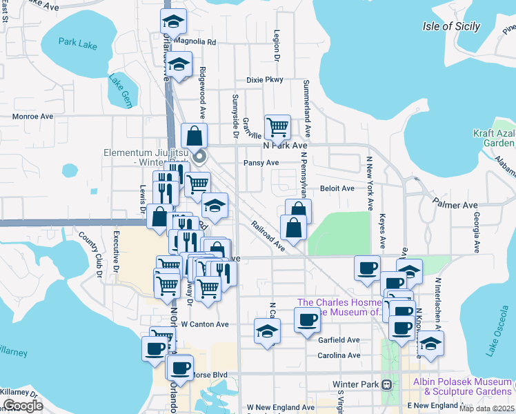 map of restaurants, bars, coffee shops, grocery stores, and more near 810 Hamilton Place Court in Winter Park