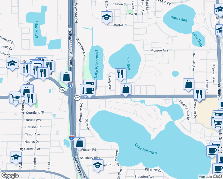 map of restaurants, bars, coffee shops, grocery stores, and more near 2326 Atomic Court in Winter Park