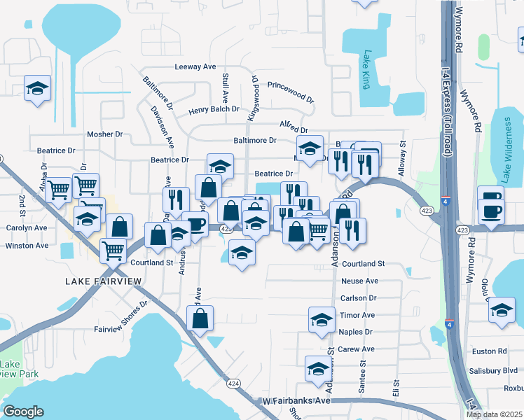 map of restaurants, bars, coffee shops, grocery stores, and more near 1101 Lee Road in Orlando