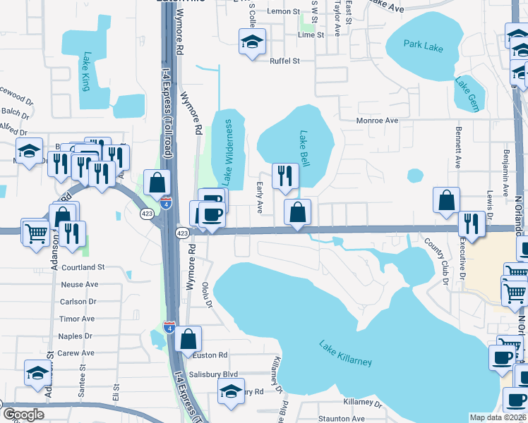 map of restaurants, bars, coffee shops, grocery stores, and more near 2326 Atomic Court in Winter Park
