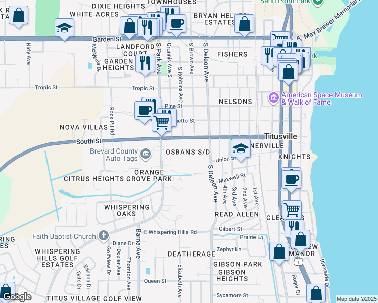 map of restaurants, bars, coffee shops, grocery stores, and more near 111 Weaver Boulevard in Titusville