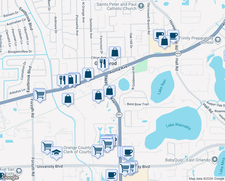 map of restaurants, bars, coffee shops, grocery stores, and more near 4705 Lucier Court in Winter Park