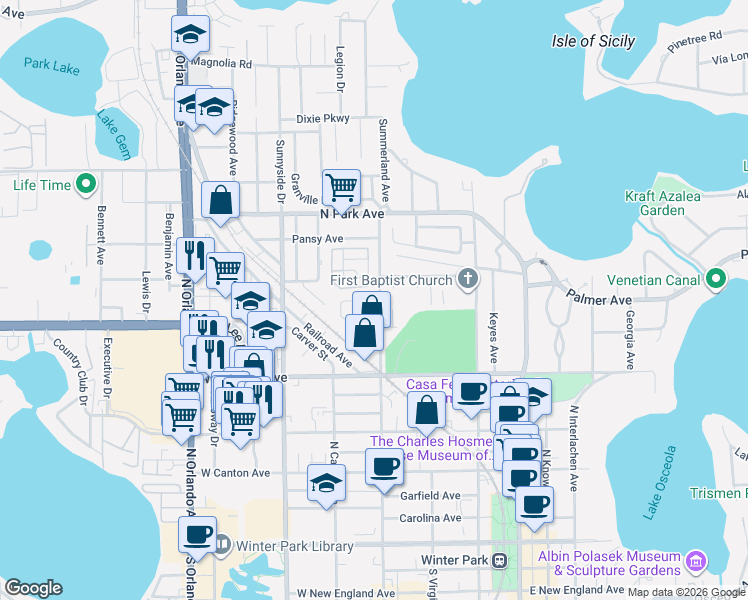 map of restaurants, bars, coffee shops, grocery stores, and more near 1010 North Pennsylvania Avenue in Winter Park