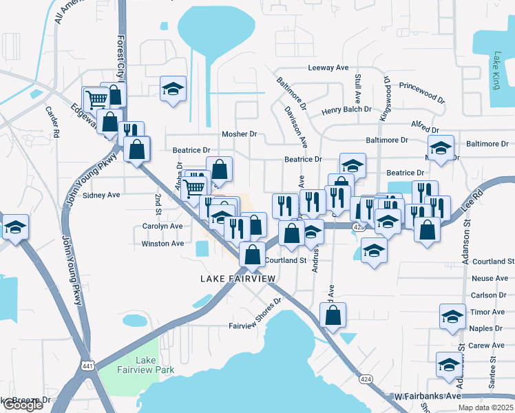 map of restaurants, bars, coffee shops, grocery stores, and more near 5212 Eggleston Avenue in Orlando