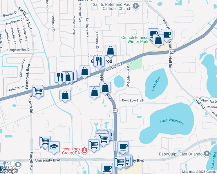 map of restaurants, bars, coffee shops, grocery stores, and more near 4705 Lucier Court in Winter Park
