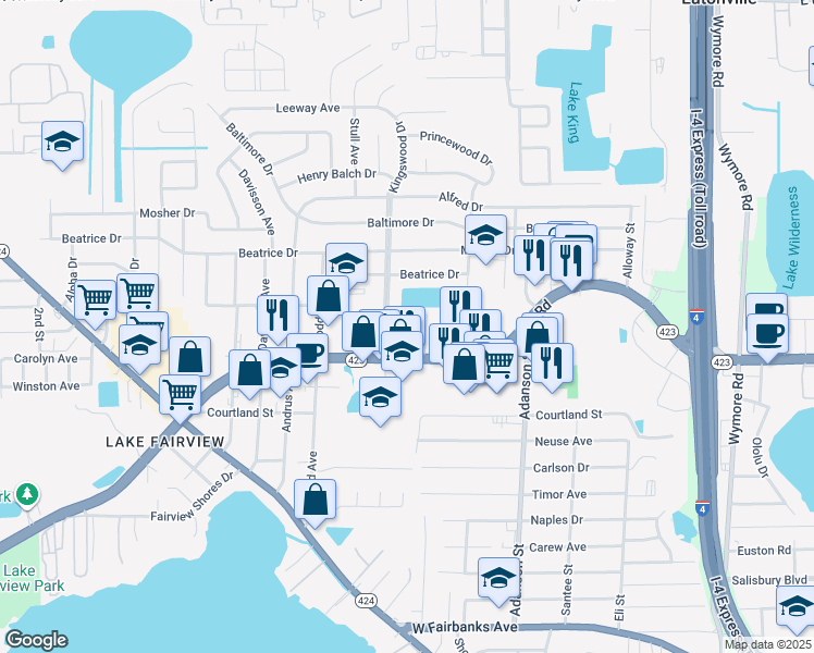 map of restaurants, bars, coffee shops, grocery stores, and more near 1101 Lee Road in Orlando