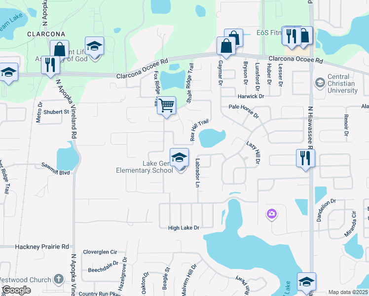 map of restaurants, bars, coffee shops, grocery stores, and more near 7556 Rex Hill Trail in Orlando