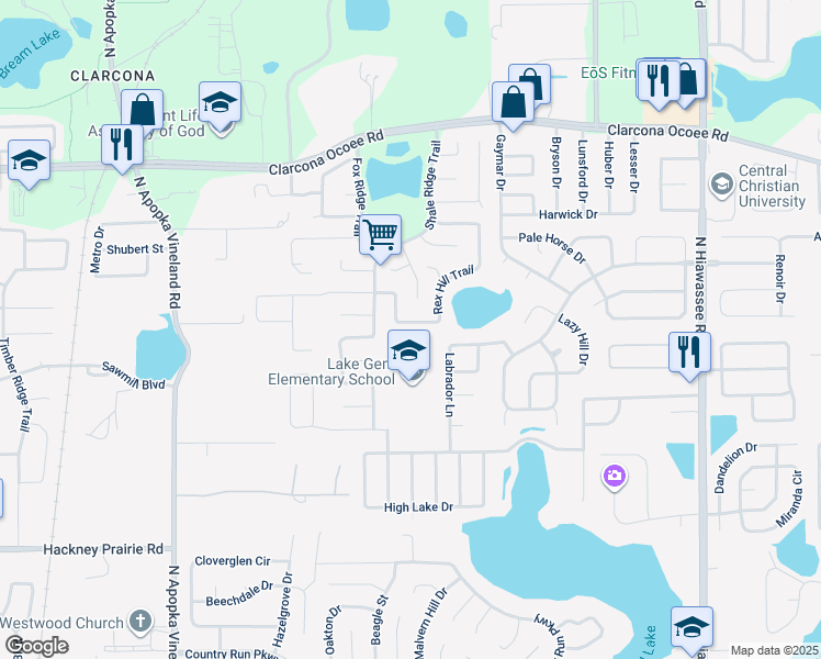 map of restaurants, bars, coffee shops, grocery stores, and more near 7556 Rex Hill Trail in Orlando