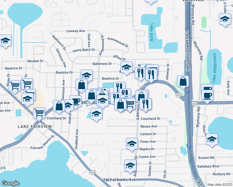 map of restaurants, bars, coffee shops, grocery stores, and more near 1051 Lee Road in Orlando