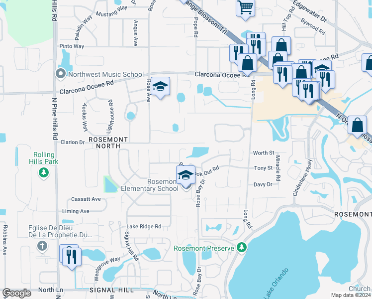 map of restaurants, bars, coffee shops, grocery stores, and more near Gold Tree Court in Orlando