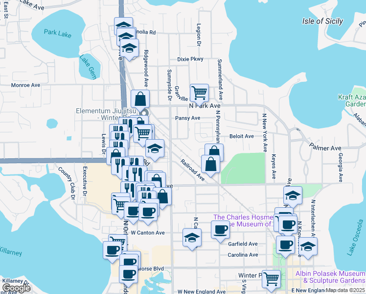 map of restaurants, bars, coffee shops, grocery stores, and more near 810 Hamilton Place Court in Winter Park
