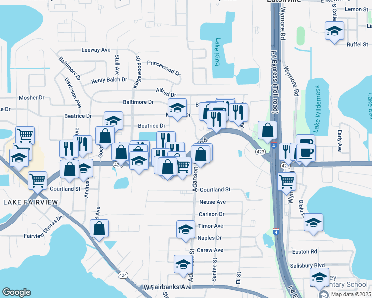 map of restaurants, bars, coffee shops, grocery stores, and more near 961 Lee Road in Orlando