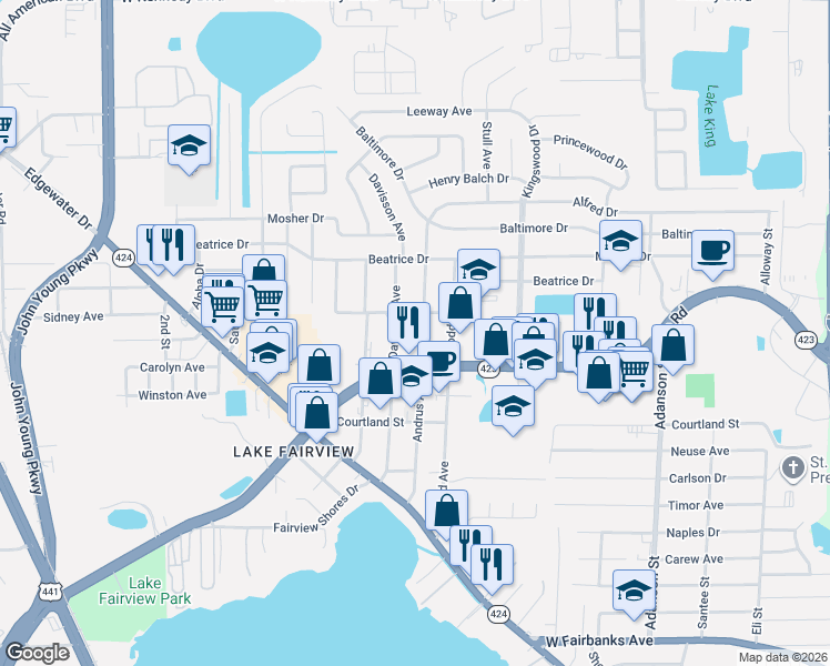map of restaurants, bars, coffee shops, grocery stores, and more near 5217 Davisson Avenue in Orlando