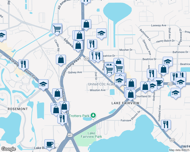 map of restaurants, bars, coffee shops, grocery stores, and more near 5305 2nd Street in Orlando