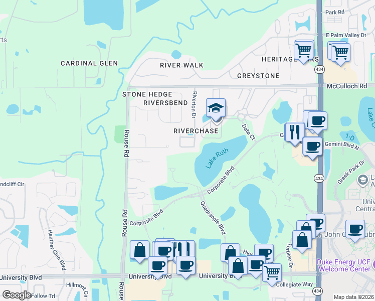map of restaurants, bars, coffee shops, grocery stores, and more near 4533 Riverton Drive in Orlando