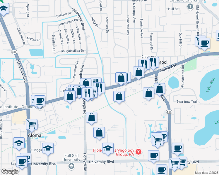 map of restaurants, bars, coffee shops, grocery stores, and more near 6906 Aloma Avenue in Winter Park