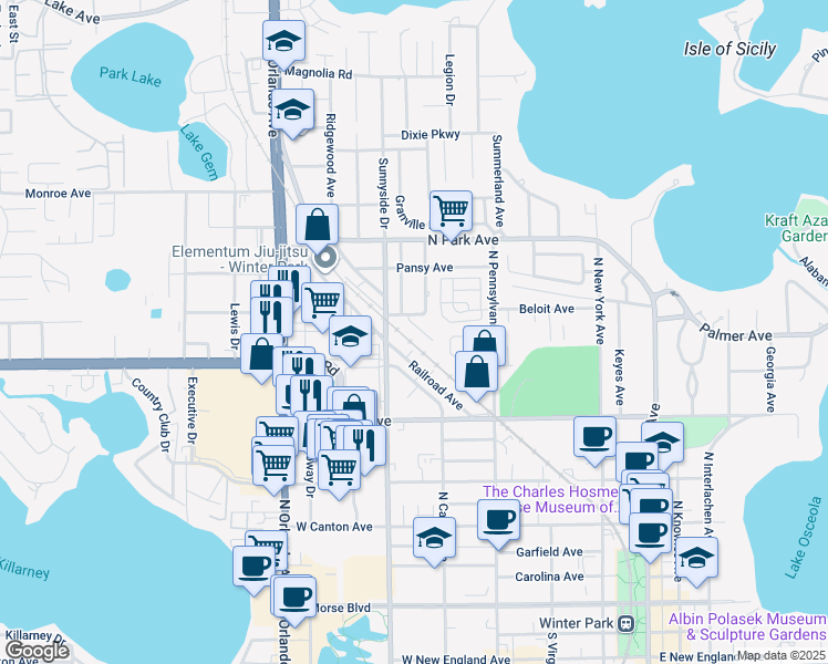 map of restaurants, bars, coffee shops, grocery stores, and more near 810 Hamilton Place Court in Winter Park