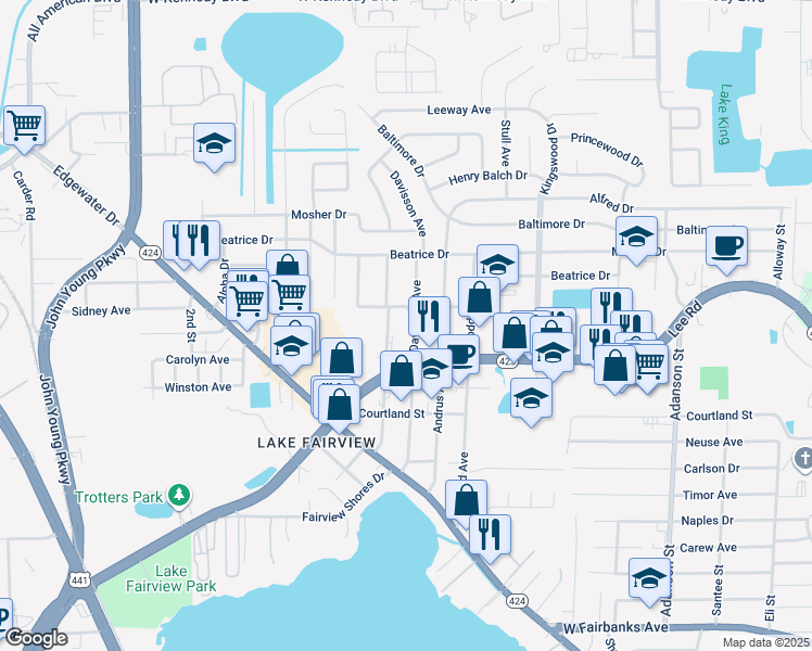 map of restaurants, bars, coffee shops, grocery stores, and more near 5217 Davisson Avenue in Orlando