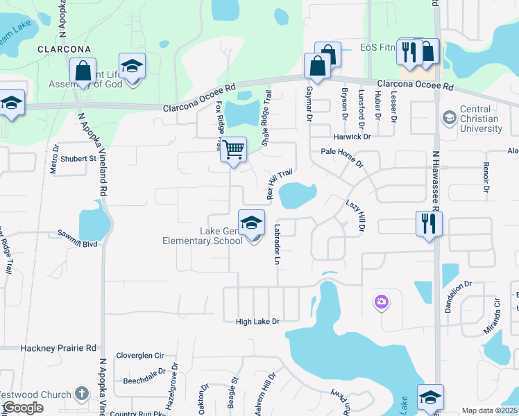 map of restaurants, bars, coffee shops, grocery stores, and more near 7556 Rex Hill Trail in Orlando