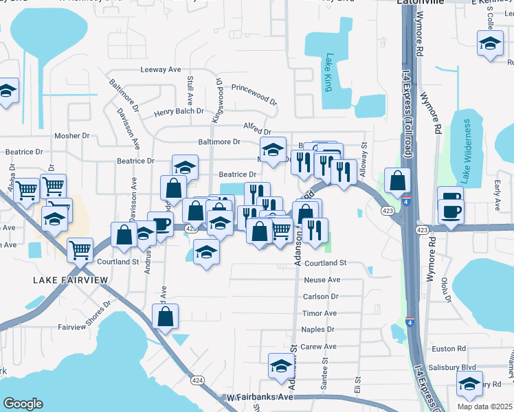 map of restaurants, bars, coffee shops, grocery stores, and more near 1051 Lee Road in Orlando