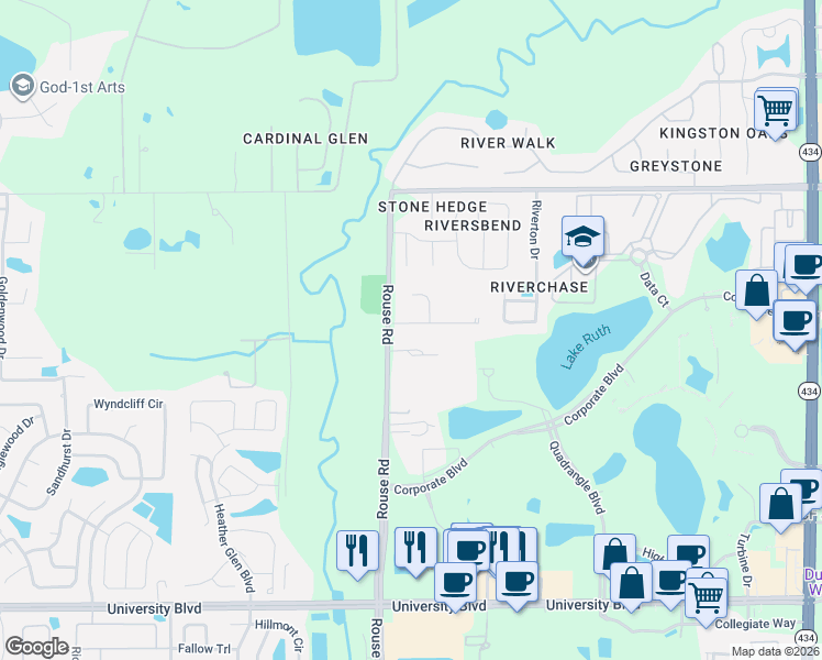 map of restaurants, bars, coffee shops, grocery stores, and more near 3849 Rouse Road in Orlando
