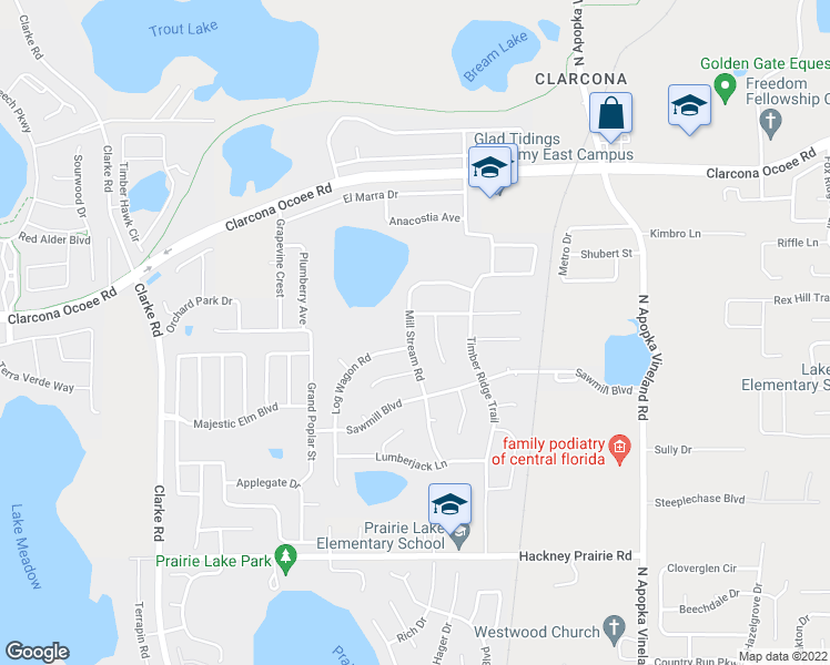 map of restaurants, bars, coffee shops, grocery stores, and more near 5127 Mill Stream Road in Ocoee