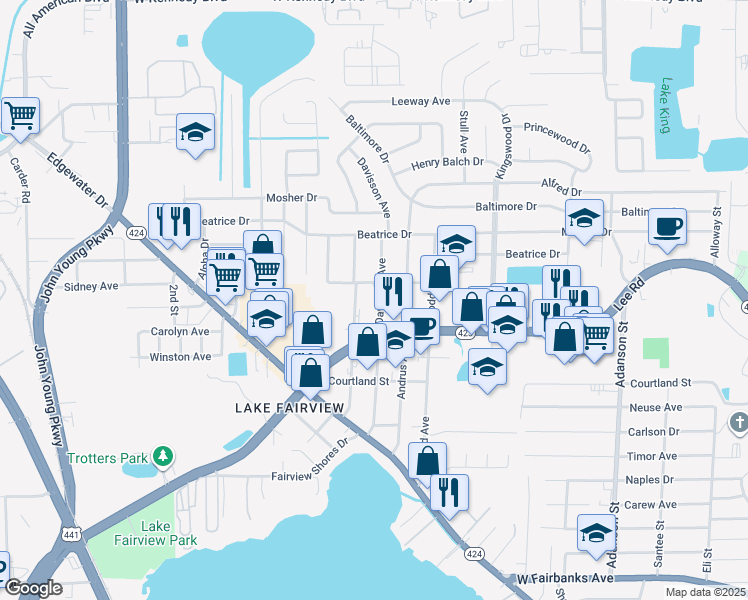 map of restaurants, bars, coffee shops, grocery stores, and more near 5217 Davisson Avenue in Orlando
