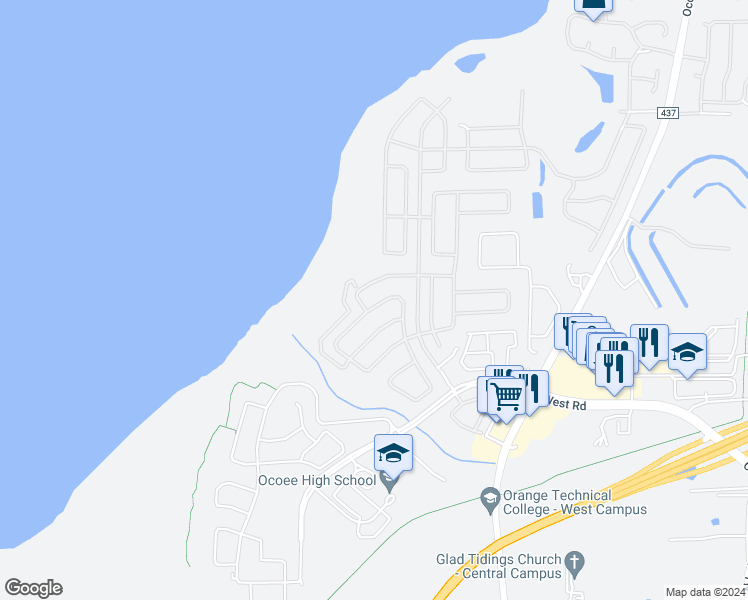 map of restaurants, bars, coffee shops, grocery stores, and more near 2425 Orsota Circle in Ocoee