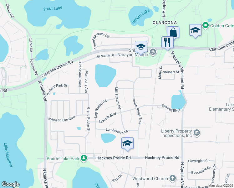 map of restaurants, bars, coffee shops, grocery stores, and more near 5115 Mill Stream Road in Ocoee