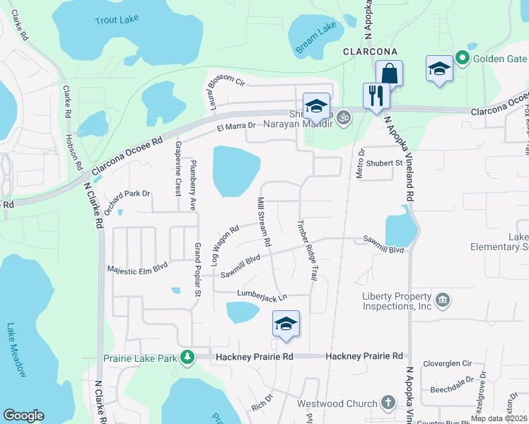map of restaurants, bars, coffee shops, grocery stores, and more near 5115 Mill Stream Road in Ocoee