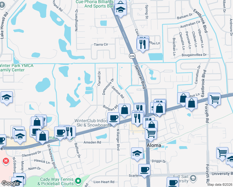 map of restaurants, bars, coffee shops, grocery stores, and more near 730 Ellendale Drive in Winter Park