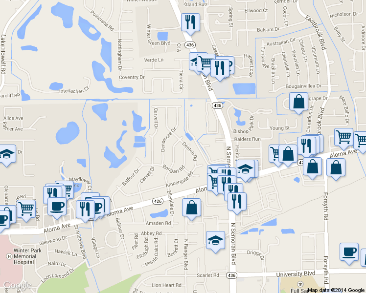 map of restaurants, bars, coffee shops, grocery stores, and more near 730 Ellendale Drive in Winter Park