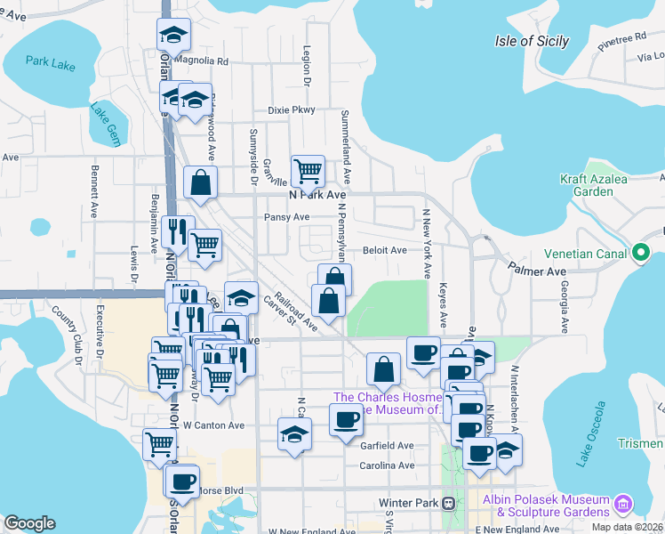map of restaurants, bars, coffee shops, grocery stores, and more near 1010 North Pennsylvania Avenue in Winter Park