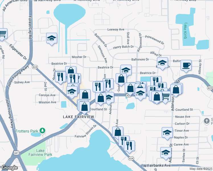 map of restaurants, bars, coffee shops, grocery stores, and more near 5217 Davisson Avenue in Orlando