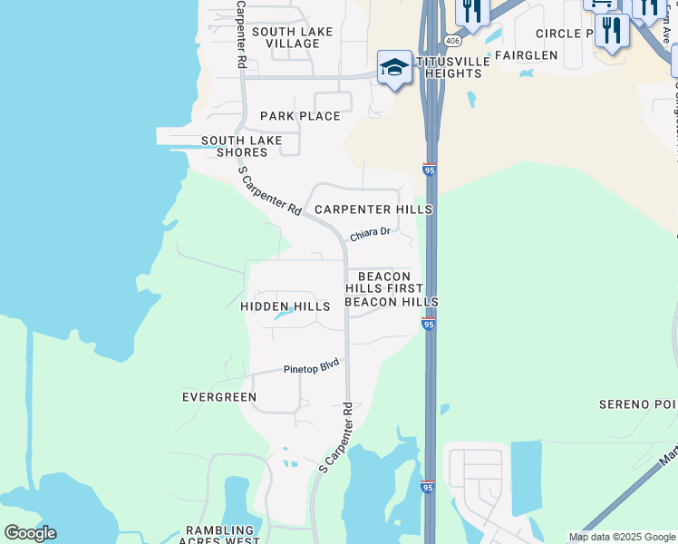 map of restaurants, bars, coffee shops, grocery stores, and more near 3800 Hidden Hills Drive in Titusville
