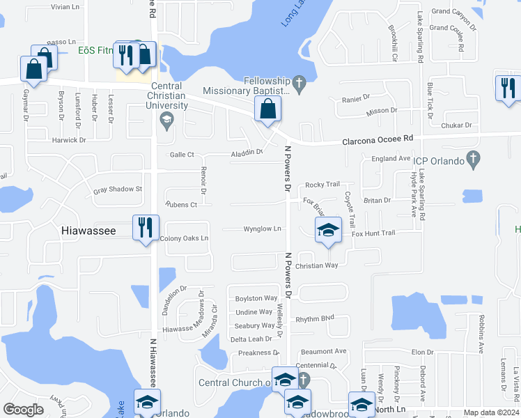 map of restaurants, bars, coffee shops, grocery stores, and more near 6346 Fox Briar Trail in Orlando