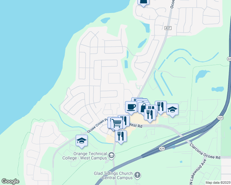 map of restaurants, bars, coffee shops, grocery stores, and more near 639 Cimarosa Court in Ocoee