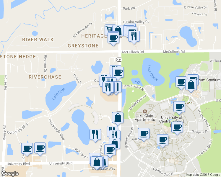 map of restaurants, bars, coffee shops, grocery stores, and more near 4498 North Alafaya Trail in Orlando