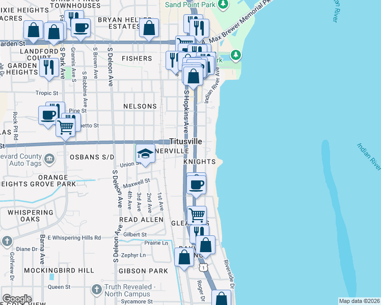 map of restaurants, bars, coffee shops, grocery stores, and more near 814 South Washington Avenue in Titusville