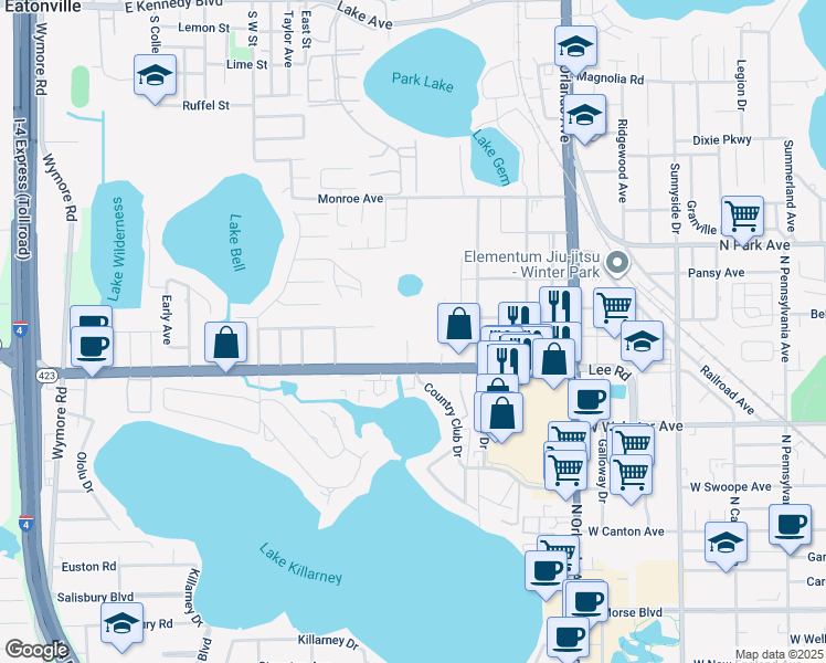 map of restaurants, bars, coffee shops, grocery stores, and more near 1701 Florida 423 in Winter Park