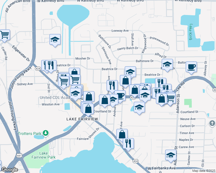 map of restaurants, bars, coffee shops, grocery stores, and more near 5217 Davisson Avenue in Orlando