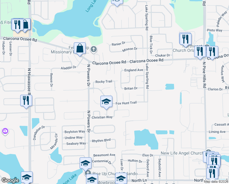 map of restaurants, bars, coffee shops, grocery stores, and more near 5326 Camrose Court in Orlando