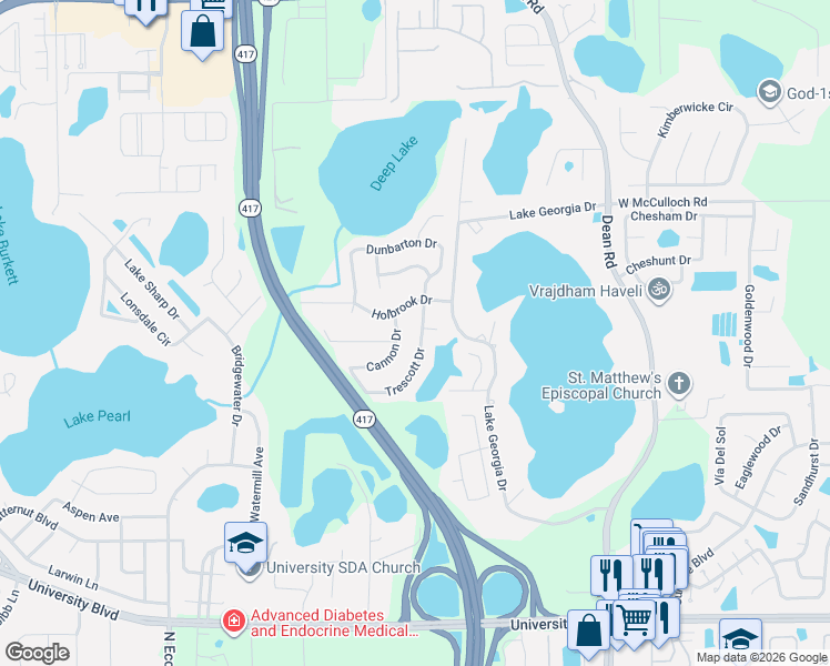 map of restaurants, bars, coffee shops, grocery stores, and more near 4504 Trescott Drive in Orlando
